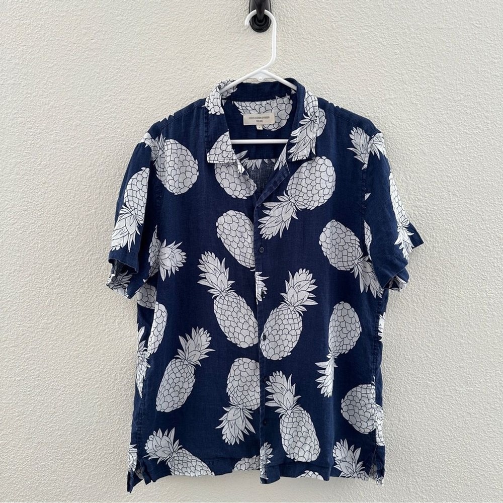 Frederik Anderson Copenhagen‎ Shirt Mens XL Blue Linen Pineapple Short Sleeve